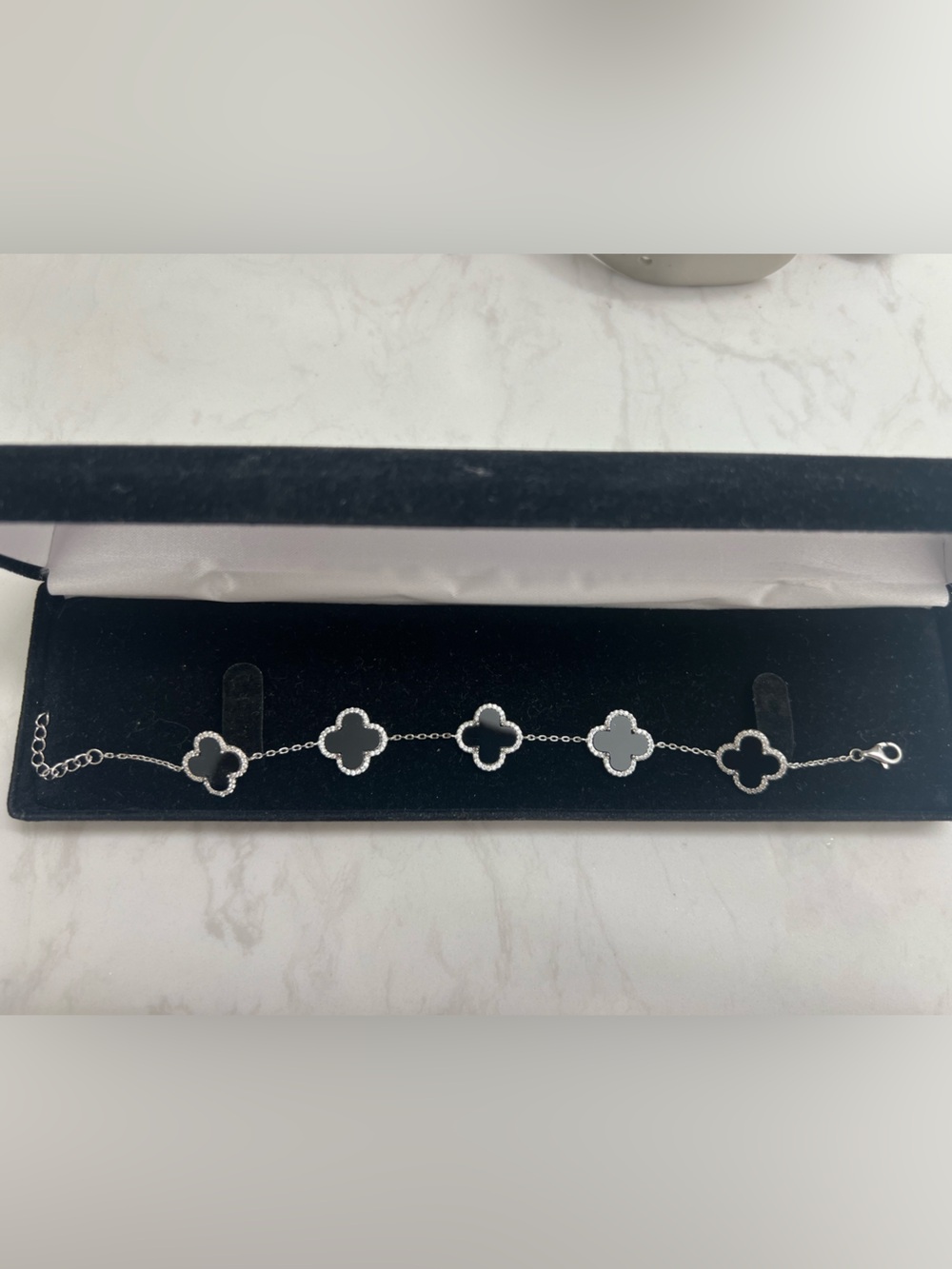 Sterling Silver Clover Link Bracelet in Black